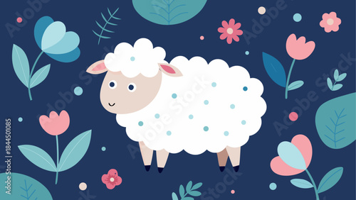 Cute sheep with flowers and leaves design