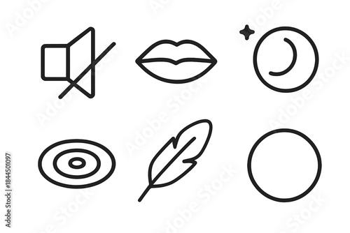 Silence Symbols Icons. Silence Symbols linear set: muted speaker, closed lips, still water ripple, quiet moon, soft feather, calm circle.
