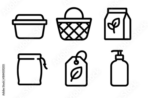 Eco-Friendly Shopping Icons. Sustainable Shopping Set linear set: reusable container, farmer’s market basket, plant-based product, low-waste pouch, green tag, refill bottle.