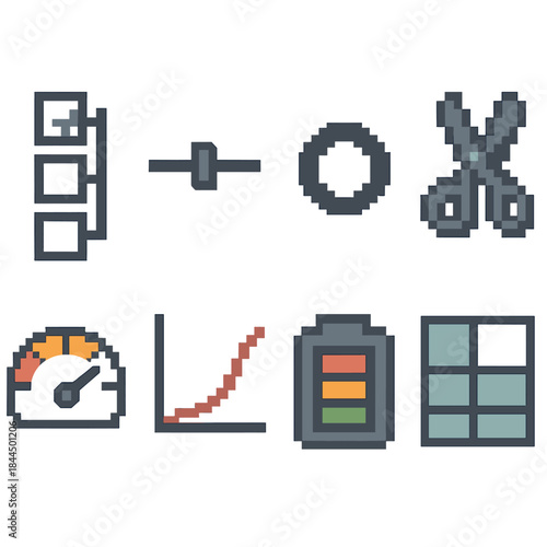 Model Optimization Icons. Model Optimization Suite pixel style set: feature selector, parameter slider, regularization ring, pruning scissors, accuracy gauge, tuning curve,