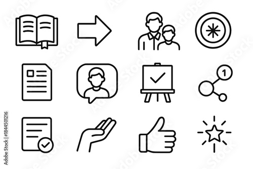 Development Icon Guide. Guided Development Themes linear set: study guide, instruction arrow, mentor outline, practice token, reference sheet, clarity bubble, lesson icon, step