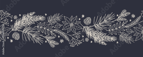 Christmas border with a seamless pattern of fir tree branches, pine cones, leaves, poinsettias, snowflakes. Hand drawn line style winter vector illustration