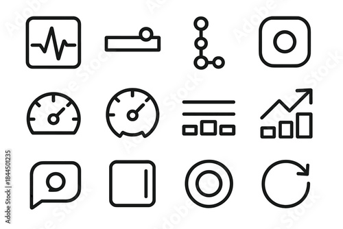 System Monitoring Icons. Continuous System Monitoring linear set: status pulse tile, real-time alert bar, event timeline node, anomaly detection dot, performance load panel, system