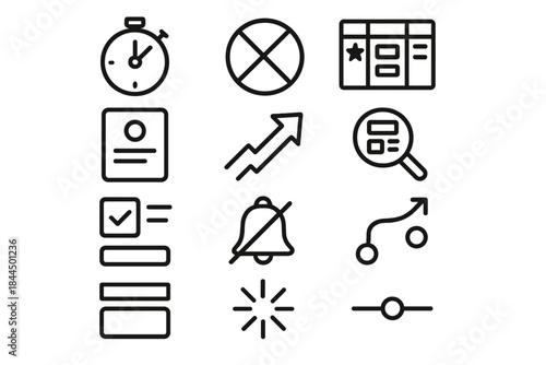 Work Focus Icons. Work Focus Icons linear set: focus timer, distraction-free bubble, priority board, centered task card, deep-work arrow, workflow lens, clarity checklist, muted
