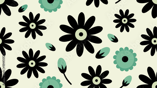 Seamless pattern with black and teal flowers