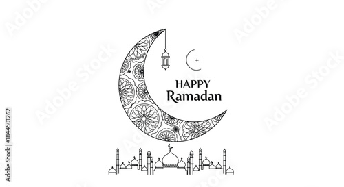 Happy Ramadan line art design featuring an ornamental crescent moon, a hanging lantern, and a mosque silhouette on a white background.