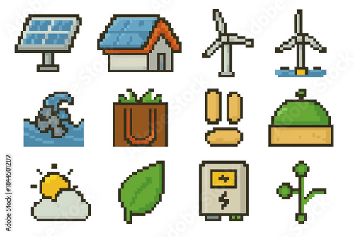 Renewable Energy Icons. Renewable Power Sources set of icons in flat pixel vector style: photovoltaic array, rooftop solar tile, onshore windmill, offshore turbine, river