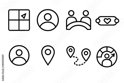 Patient Care Icons. Patient-centered care flows linear set: navigation tile, care loop node, provider bridge icon, health journey bar, support ring, clarity marker, coordination