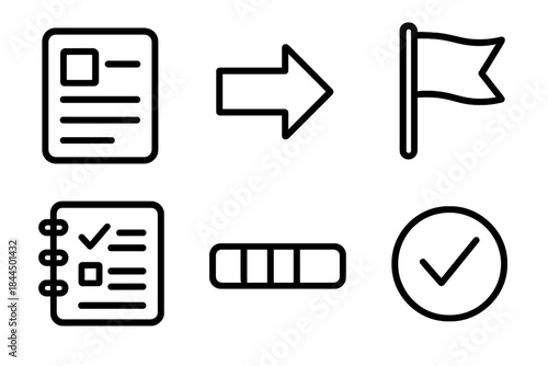 Workflow Icon Set. Professional Workflow Aids linear set: task card, workflow arrow, priority flag, progress bar, note pad, review check.
