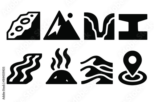 Brutalist Planetary Icons. Fictional planetary surfaces silhouette set: cratered ridge tile, mountain node, canyon arc, plateau bar, lava channel strip, vent patch, dune cluster,