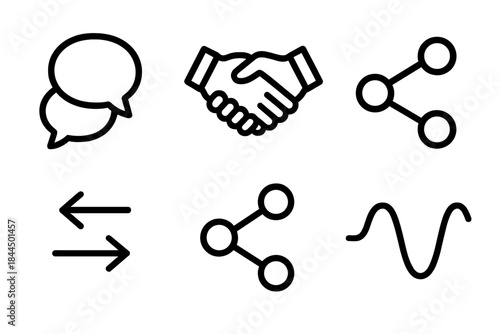 Interaction Symbol Icons. Interaction Symbols linear set: overlapping bubbles, handshake arc, linked dots, dual arrows, shared circle, connection wave.