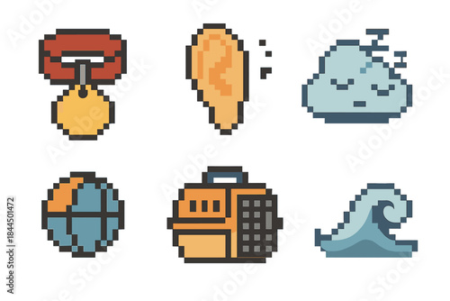 Pet Pixel Icons. Pet themes pixel style set: collar tag, curious ear, rest cloud, enrichment toy, safe carrier, calm wave.