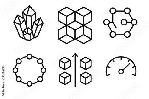 Geometric Crystal Icons. Crystalline Material Frameworks linear set: crystal block, repeating unit cell tile, defect cluster icon, atomic grid ring, symmetry alignment arrow,