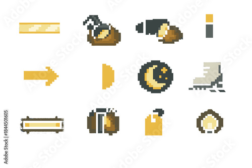 Pixel Art Safety Icons. Dim-Setting Safety Symbols pixel style set: reflective strip, soft lantern, glare-free beam, walkway reflector, guided path arrow, shadow-zone marker, night
