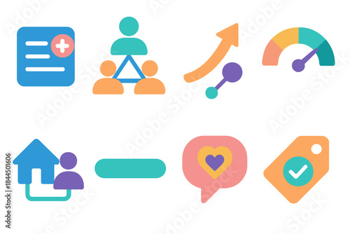 Collaborative Health Icons. Collaborative health networks flat set: shared record tile, care node cluster, coordination arrow, wellness meter, provider link icon, pathway bar,