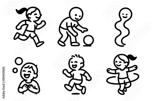 Playful Icon Designs. Lighthearted Play Scenes linear set: skipping step, bouncing ball, playful wiggle line, giggle bubble, casual hop, fun swirl.