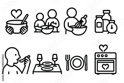 Family Cooking Icons. Family Cooking Moments Set linear set: shared bowl, mixing whisk, ingredient jars, timer clock, tasting spoon, table setting, warm oven, heart-shaped steam. [