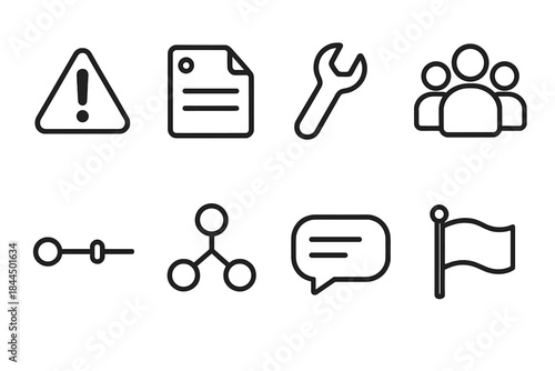 Incident Resolution Icons. Incident resolution pathways elements linear set: alert icon, support ticket, wrench tool, response team, timeline bar, troubleshooting path,