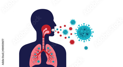 Medical illustration showing the transmission of a virus from a person coughing, with pathogens shown in the lungs and airways.