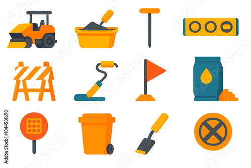 Vibrant Infrastructure Tools Icons. Infrastructure Repair Set flat set: asphalt spreader, concrete patch tub, utility probe rod, surface level gauge, safety barricade, street paint