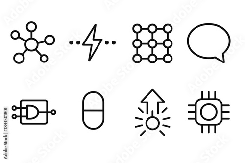 Digital Cognition Symbols. Digital cognition concepts set linear set: neural node, data spark, pattern map, context bubble, logic circuit, memory capsule, insight arrow, processing