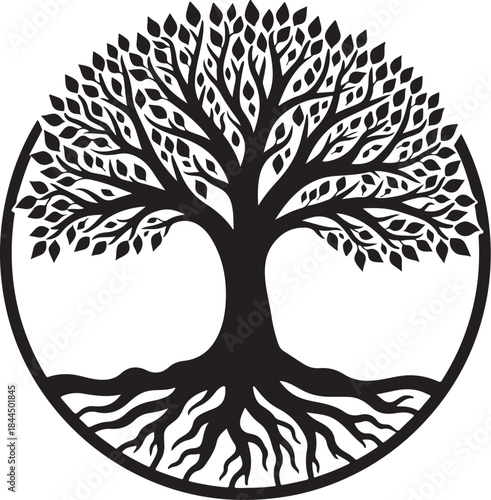 Stylized silhouette of a tree of life with deep roots