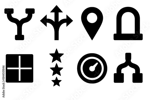 Bold Decision Icons. Decision flow schemes silhouette set: option gate, branching arrow set, reasoning trail marker, clarity portal, decision panel, ranking tile, insight dial,