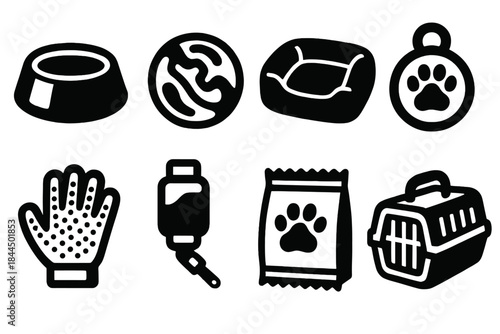 Colorful Pet Icon Set. Animal Supplies Kit silhouette set: stainless bowl, interactive toy, cushion bed, collar tag, grooming glove, water bottle, reward treat pack, pet travel bag