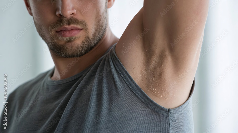 Obraz premium Worried man with excessive sweating in armpit wearing gray shirt, showing discomfort and concern with personal hygiene, body odor, and skin problems, stress
