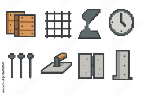 Concrete Icon Set. Concrete Foundation Pack pixel style set: formwork panels, rebar cage, concrete pour icon, curing clock, anchor bolts, slab trowel, expansion joint, foundation