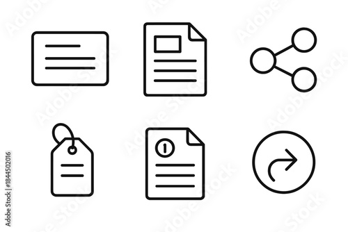 Outline Icon Collection. Terminology Management Items linear set: term card, definition sheet, synonym link, category tag, reference note, update arrow.