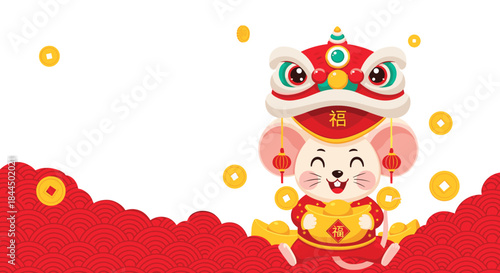 Joyful Chinese New Year background with a cute cartoon rat in a lion dance costume, surrounded by gold coins and red waves.