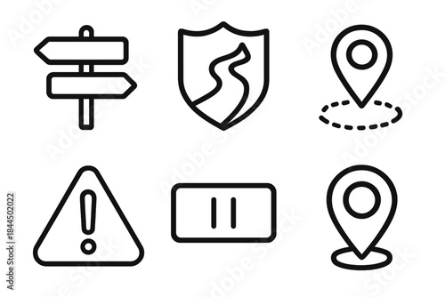 Journey Safety Icons. Safe Journey Elements linear set: direction cue, protected path symbol, checkpoint icon, alert sign, clear route bar, final marker.
