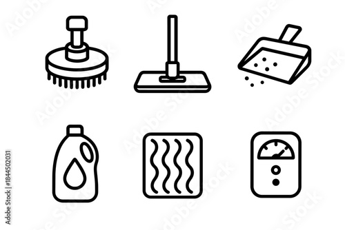 Floor Cleaning Icons. Hard Floor Cleaning Essentials linear set: rotary brush, flat mop, dirt collection tray, detergent bottle, absorbent pad, floor condition meter.