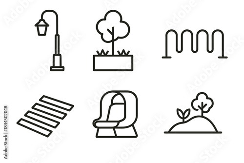 Urban Design Icons. Urban space planning linear set: street lamp, green buffer, bike rack, crosswalk lines, seating pod, landscape mound.