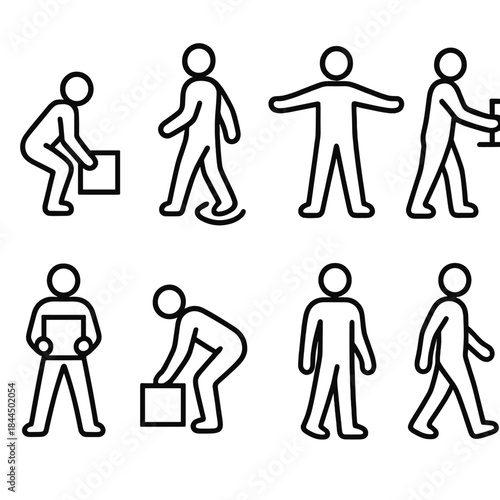 Workday Movement Icons. Workday movement mechanics set linear set: lift-with-legs icon, pivot turn, balanced stance, supported reach, straight-back carry, cautious bend, arm