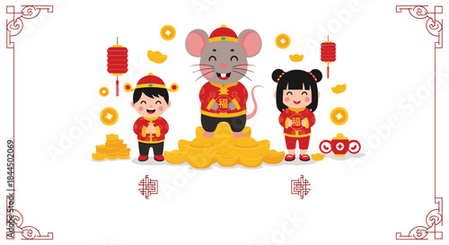 Happy Chinese New Year illustration with a large rat and two children in traditional red attire, surrounded by gold and lanterns.