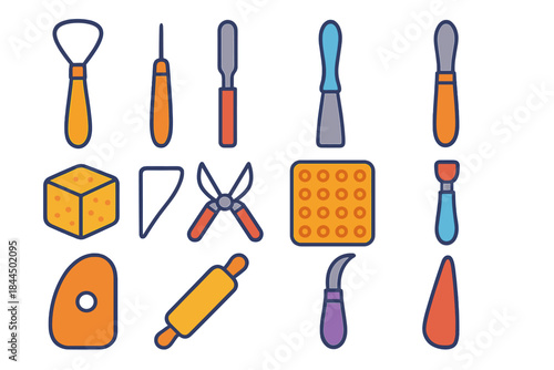 Sculpting Tools Icons. Sculptor’s Tool Collection flat set: loop ribbon, fine needle pick, metal scraper bar, sculpting spatula, sponge cube, wire cutter line, texture mat tile,