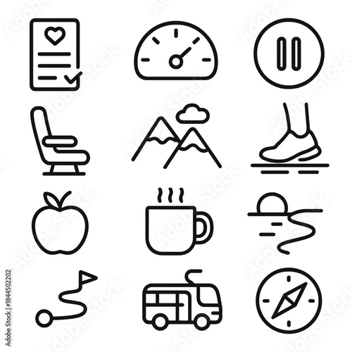 Mindful Travel Icons. Balanced Exploration Kit linear set: mindful itinerary, gentle travel speedometer, wellness break icon, comfortable travel seat, mountain air symbol, steady
