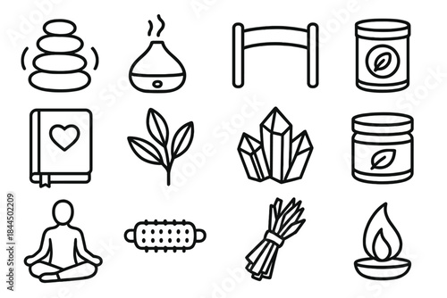 Holistic Health Icons. Whole-Body Health Themes linear set: energy balancing stones, aromatherapy diffuser, stretching band, wellness tea tin, gratitude journal, grounding leaf