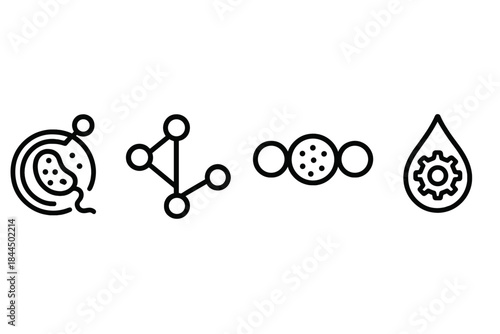 Bioprocess Icon Network. Bioprocess Micro-Networks linear set: culture-link filament, pathway catalyst bead, production droplet unit.
