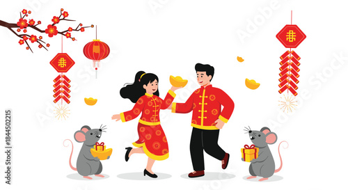 Happy young couple and two rats celebrating the Chinese New Year with lanterns, firecrackers, and gold ingots on white background.