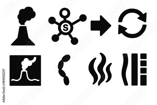 Chemosynthetic Icons Set. Chemosynthetic Life Systems silhouette set: hydrothermal vent icon, sulfur-oxidizing microbe node, chemical energy arrow, nutrient-exchange ring, deep-sea