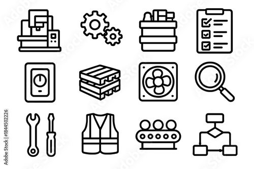 Industrial Icons Array. Manufacturing Floor Elements linear set: production station, gear mechanism, parts bin, quality check sheet, control switch, pallet stack, factory fan,