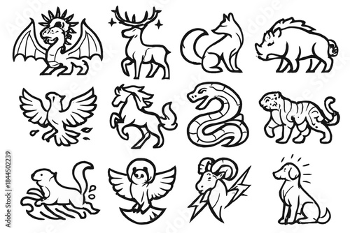 Legendary Creature Icons. Legendary Creature Heroes linear set: sun dragon, star elk, mist fox, iron boar, spirit eagle, ember stallion, stone serpent, cloud tiger, tidal otter,