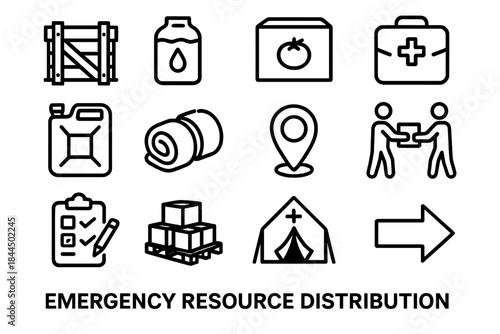 Emergency Supply Icons. Emergency Resource Distribution linear set: supply crate, water ration pack, food kit box, medical supply bag, fuel canister, blanket bundle, distribution