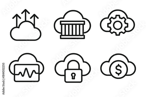 Cloud Architecture Icons. Scalable cloud approach linear set: autoscale arrows, container shape, orchestration wheel, monitoring graph, secure gateway, resource token.