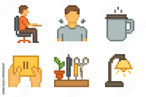 Desk Wellness Icons. Desk wellness elements set of icons in flat pixel vector style: proper back support, relaxed shoulders, hydration cup, document stand, stretch cue card,