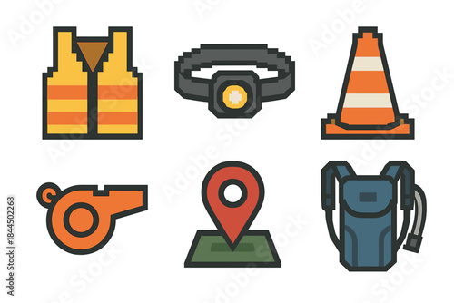 Run Safety Icons. Run Safety pixel style set: reflective vest, headlamp, caution cone, whistle, route pin, hydration pack.