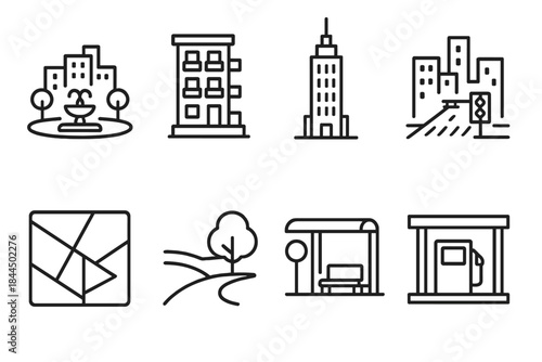Urban Infrastructure Blueprint. Urban Development Set linear set: city plaza, apartment stack, skyline tower, street intersection, zoning map, green space, bus stop, service